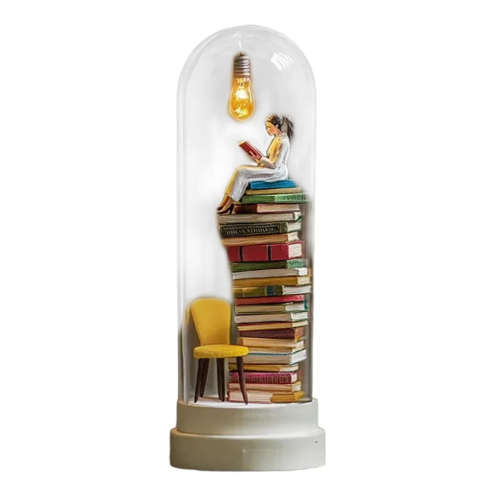 Miniature Design Reader Night Light Mini Books Bookshelf Statue Reading Figurine LED Light Tiny Bookshelf LED Light Sculpture