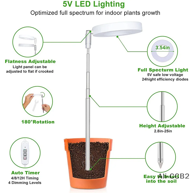 Full Spectrum Fill Light LED Grow Lamp For Indoor Plants With Adjustable Height, 2/4/8H Timer 4 Level Dimming For Garden