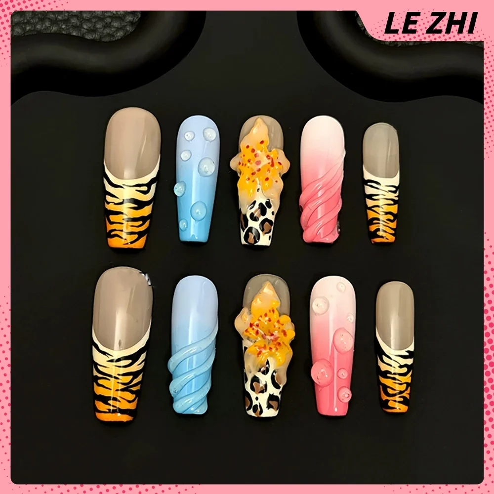 10Pcs Handmade Long Coffin Leopard Print Press On Nails Heavy Industry Y2K Pearl Steel Ball Diamond Flowers Wearable False Nail