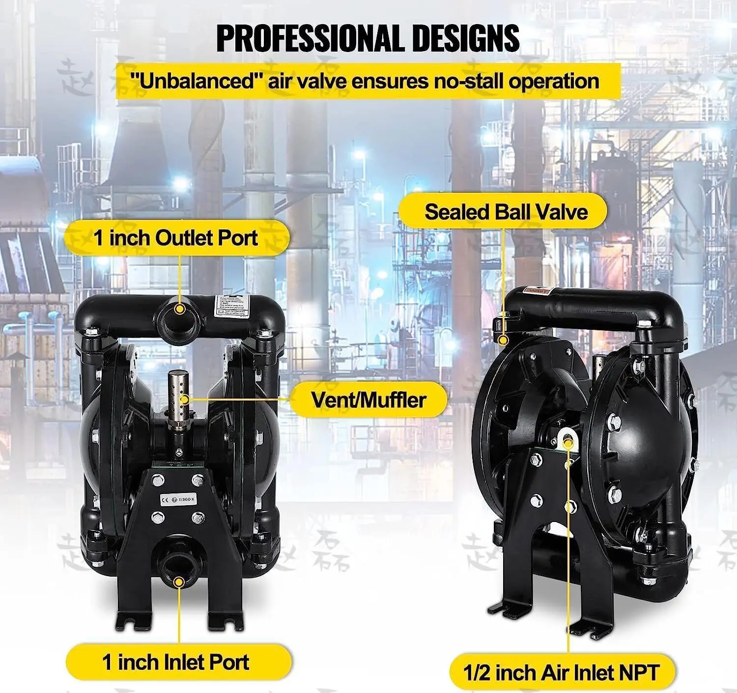 Air-Operated Double Diaphragm Pump 1" Inlet Outlet Petroleum Fluids 35Gpm 120Psi Heavy Duty Pneumatic Diaphragm Transfer Pump