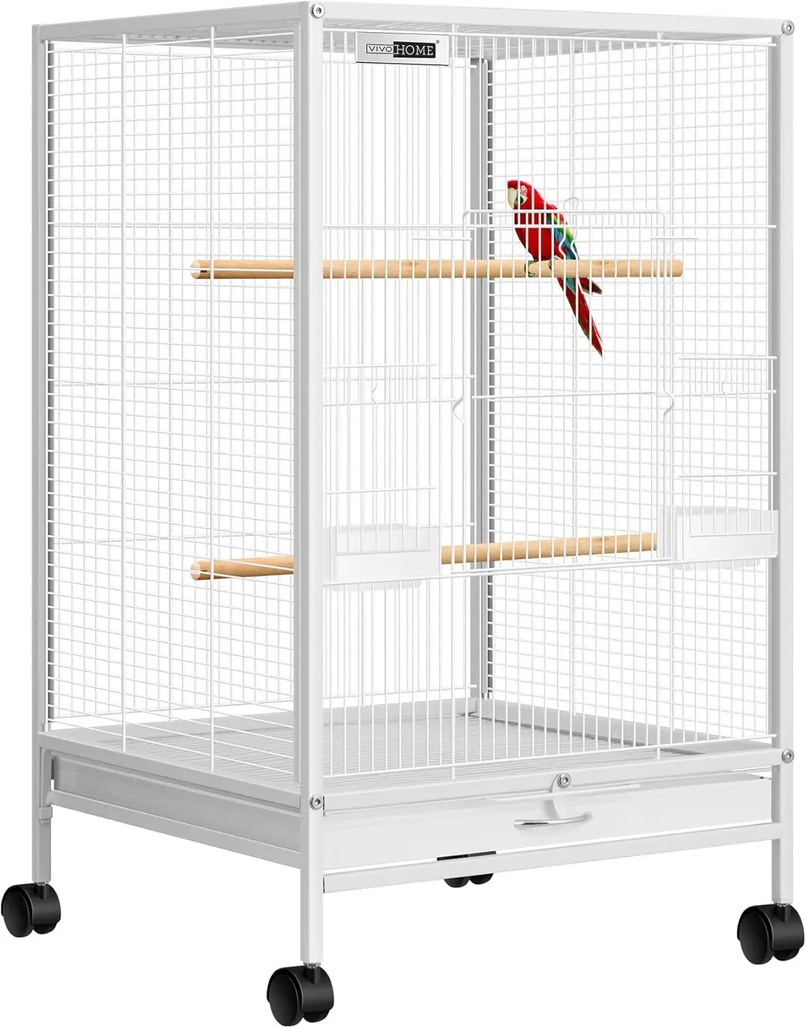 VIVOHOME 30 Inch Height Wrought Iron Bird Cage with Rolling Stand for Conures Lovebirds Cockatiels Finches, White