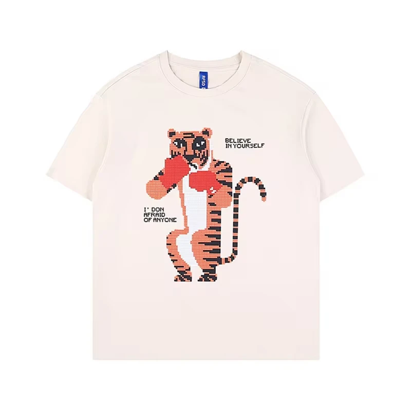 2024 The New Summer Tide Brand Funny Cartoon Tiger Print Men And Women Loose Leisure T-Shirt Short-Sleeved Loose Cotton Top Tees