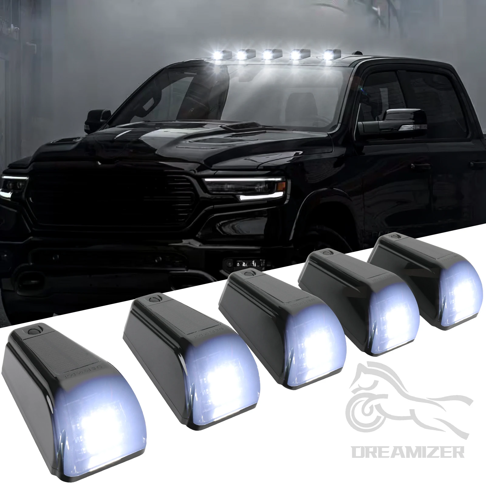 5PCS Solar Powered Smoked Cab Roof Running Light Car Marker Lights Solar Automatic Charging Sensor Cab Lights For Pickup Trucks
