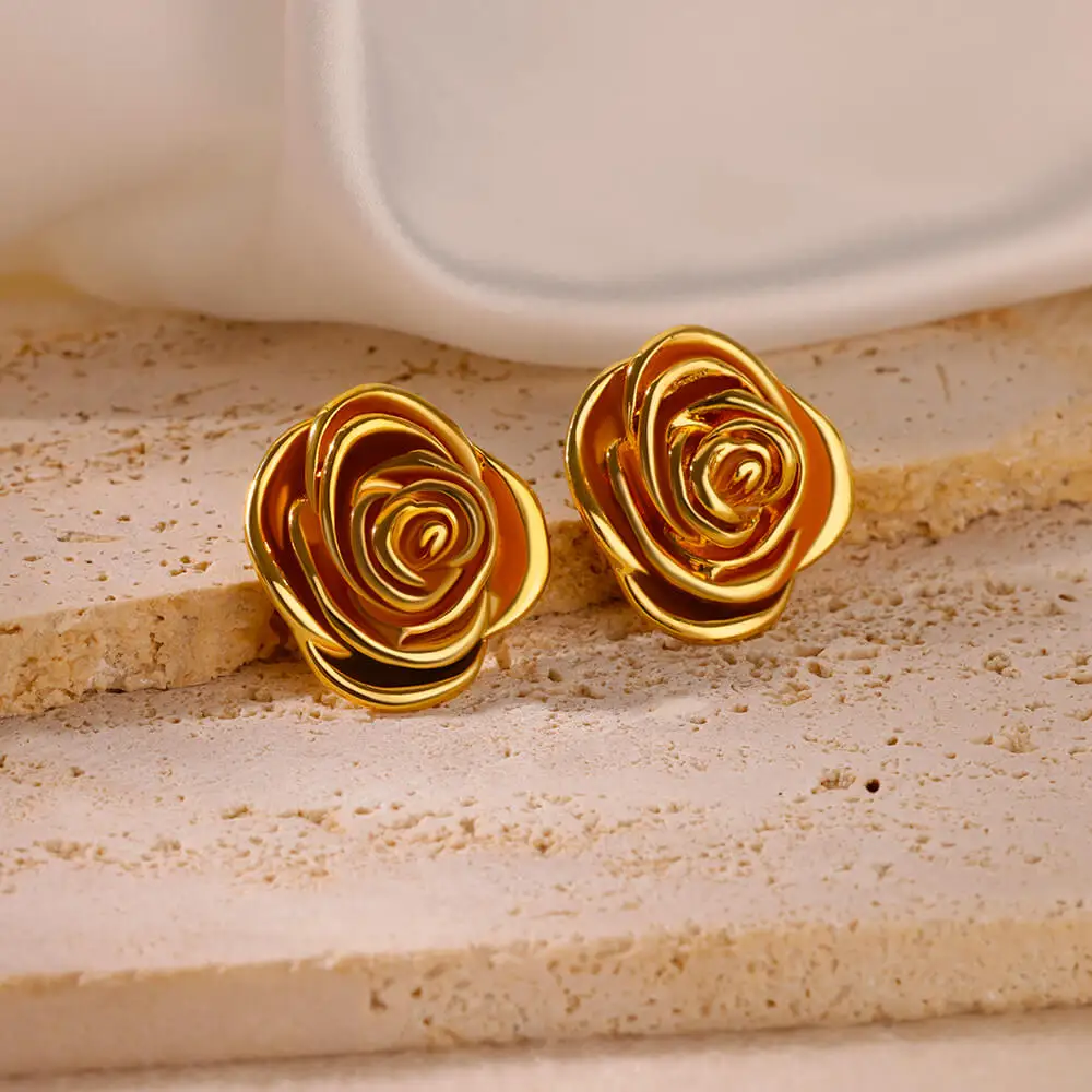 Rose Flower Stainless Steel Stud Earrings for Women Gold Color Wedding Aesthetic Round Wedding Earring Trend 2024 Jewelry