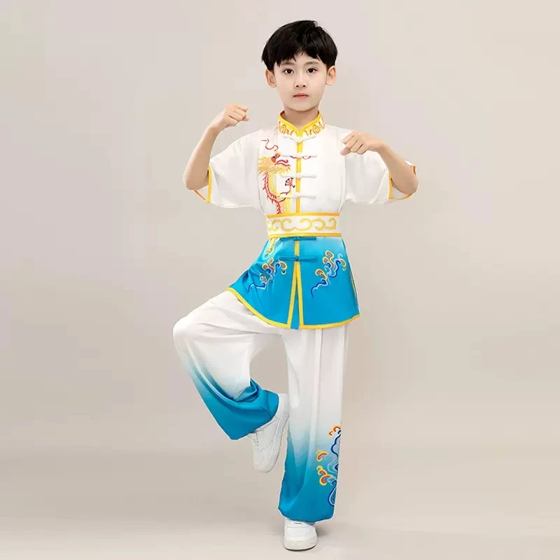 2024 pakaian wushu tradisional Cina untuk anak-anak seragam seni bela diri setelan kung fu naga cetak kostum penampilan panggung set