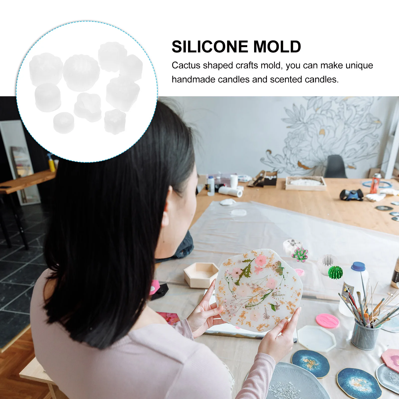 

9pcs Succulent Silicone Molds 3D Cactus Shaped Making Molds Diy Resin Epoxy Mold For Handmade Scented Candles Desktop