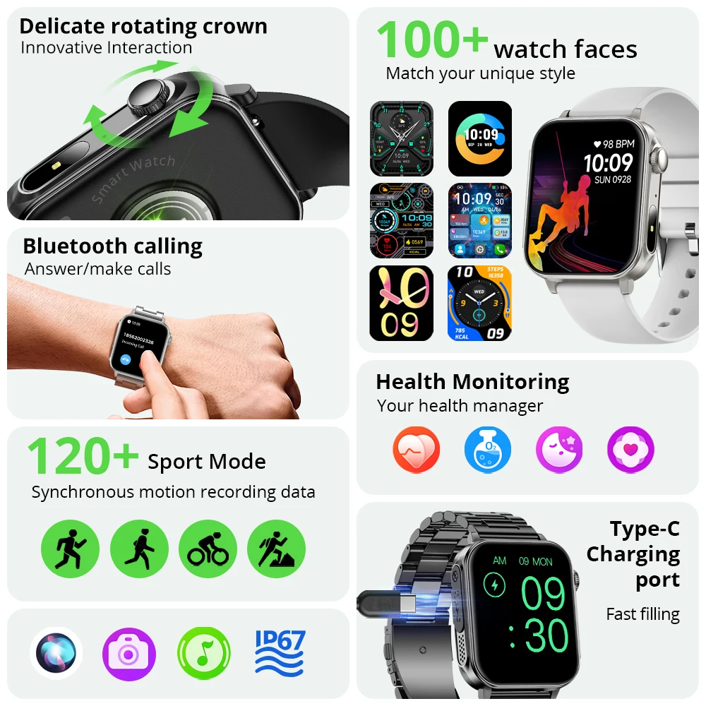COLMI P80 Typ-c Smartwatch Männer Frauen Gesundheit Manager Bluetooth Anruf IP67 Wasserdichte Taschenlampe Smart Uhr Für Xiaomi iOS telefon