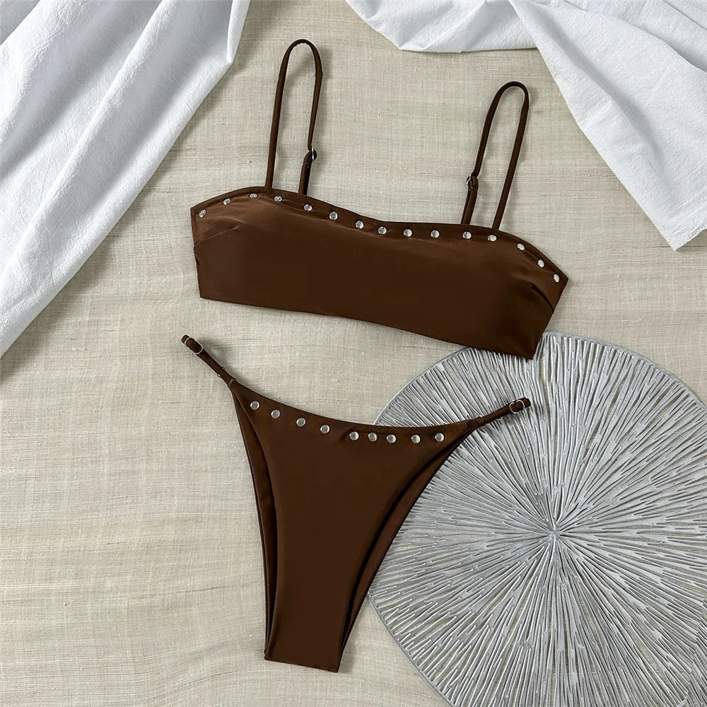 Sexy Dark Brown Bandeau Bikini Micro Thong Swimsuit 2026 Woman Rivet Ornament Swimwear Biquinis Brazilian Bikinis Sets Mujer