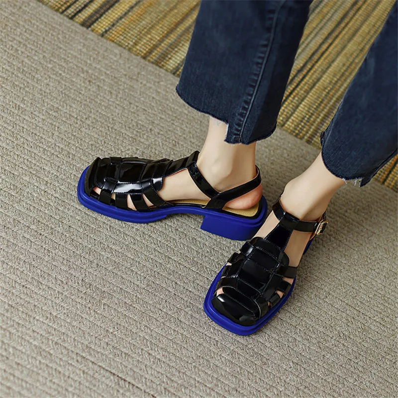 Women Summer Sandals Patent Leather Roman Sandals Casual Buckle Strap Summer Shoes GLADIATOR Chunky Heel Women Shoes Sandalias