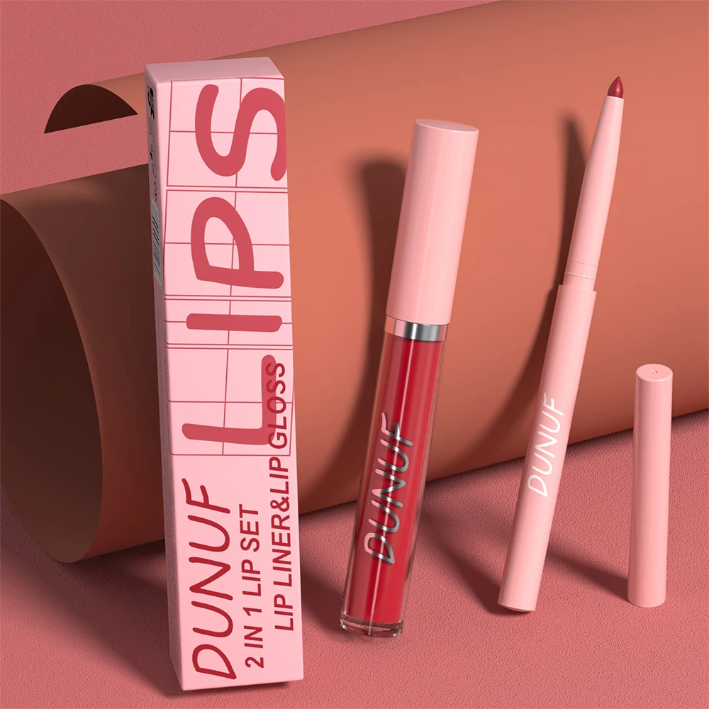 DUNUF Lip Gloss Lip Liner Set Set da 2 pezzi Durevole Facile da colorare Tazza antiaderente impermeabile Set di lucidalabbra opaco resistente al sudore