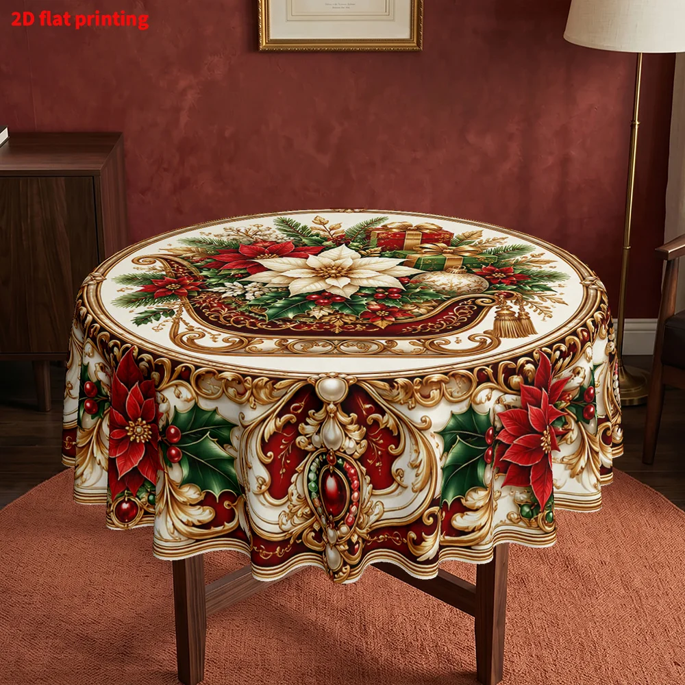 Pack of 1, 2D flat print round tablecloth, Christmas themed Christmas flower and sleigh pattern tablecloth