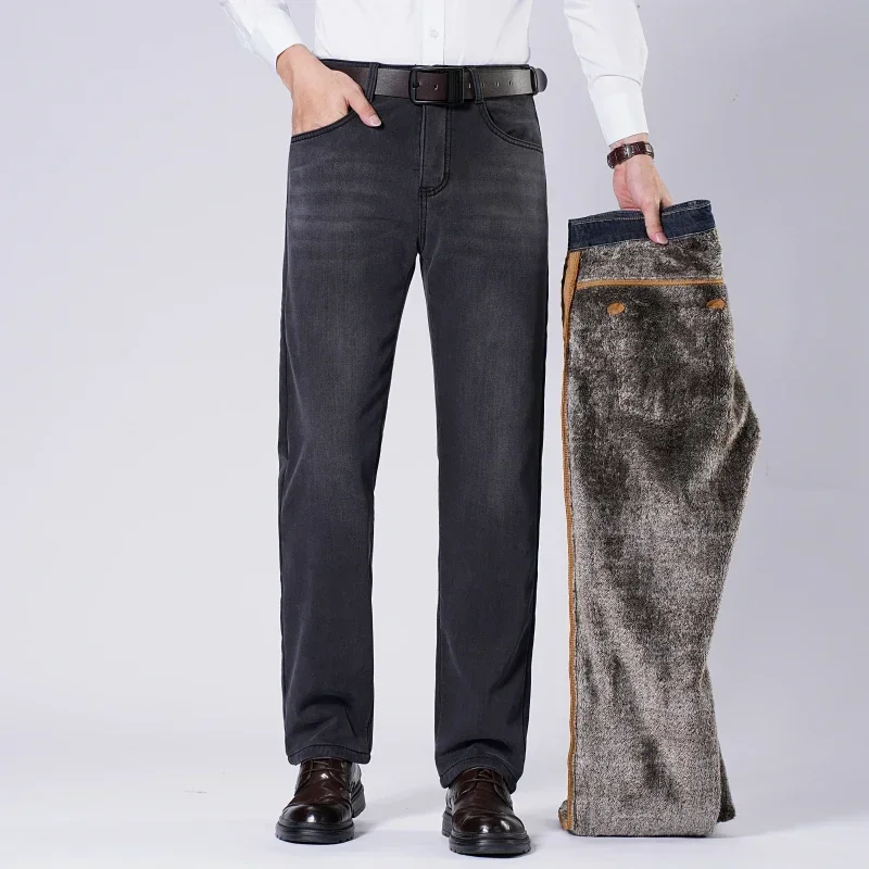 

Зимние флисовые прямые джинсы, мужские толстые эластичные деловые бархатные модные мягкие брюки, повседневные тонкие плюшевые теплые джинсовые брюки