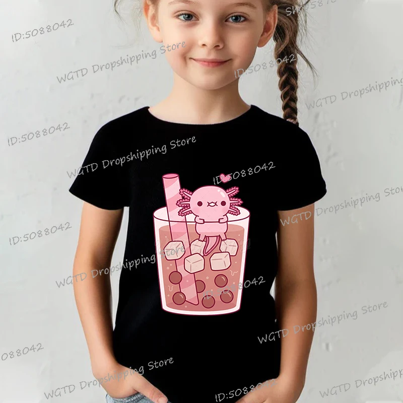 Cute Snaxolotl Axolotl Eat Cookies Print Casual Short Sleeve Shirt Cartoon Style Boys Girls Axolotl Bubble Tea Kids Y2K T-shirts