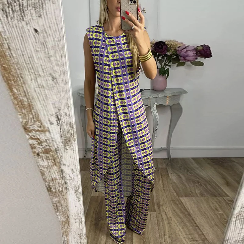 Summer Women Two Piece Set Vintage Print Sleeveless Long Shirt High Waist Pants Suit Female Casual Holiday Outfis