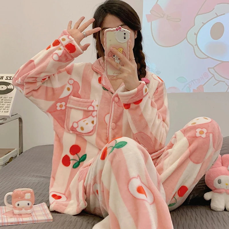 Sanrios Kuromi Hello Kitty My Melody Autumn Winter Cartoon Coral Velvet Pajamas Lapel Cardigan Flannel Thickened Home Clothes