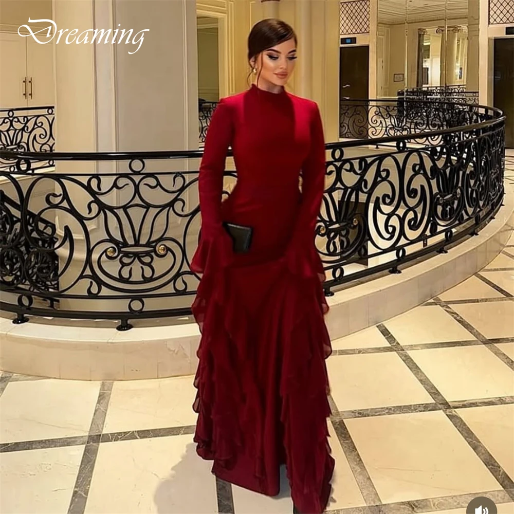 Vestido de noche de gasa burdeos moderno personalizado, vestido de fiesta de manga larga con cuello redondo a la moda, vestidos clásicos hasta el suelo para celebridades