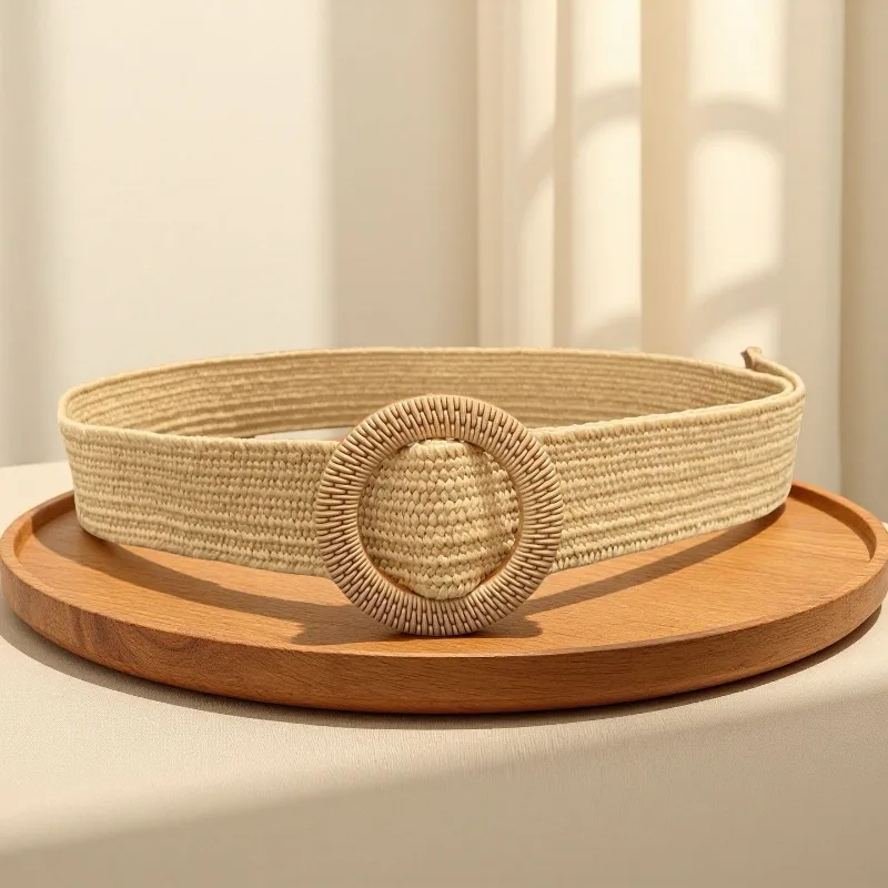 New Arrival Simple, Versatile Straw-Woven Women’s Belt with Round Buckle Stretchy Cotton-Linen Elastic Belt for Dresses