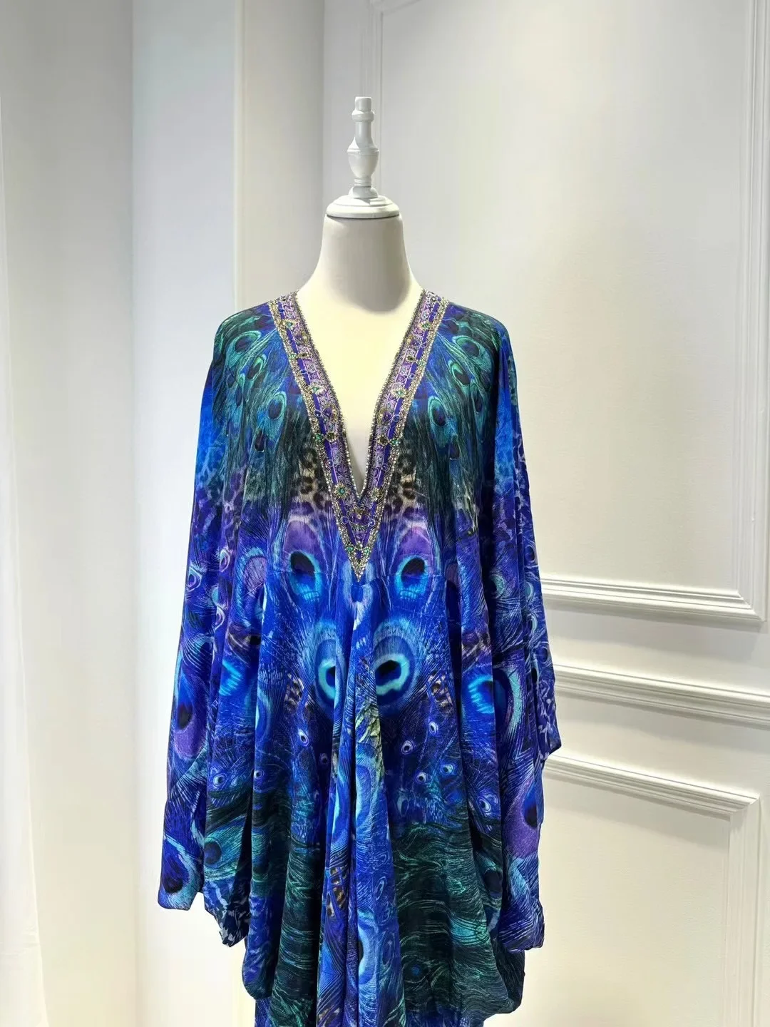 Women Irregular Hem Robe Peacock Printed V-Neck Batwing Sleeve Vintage Silk Midi Dress