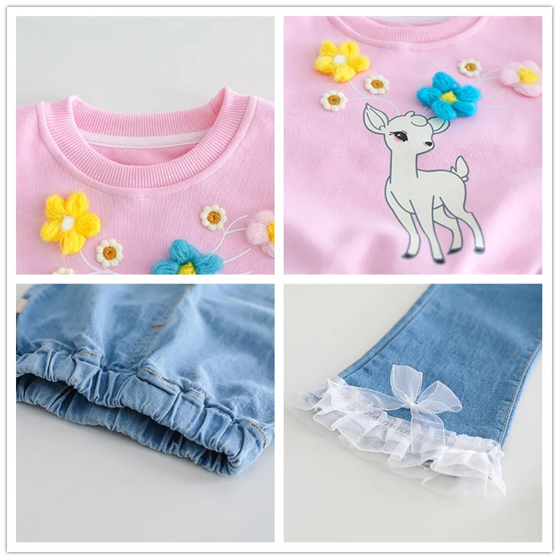 Autumn Children Clothing Sets Baby Girls Cartoon Sweatshirt Jeans Two Piece Suit Infant Clothes Outfits Kids Princess Costumes