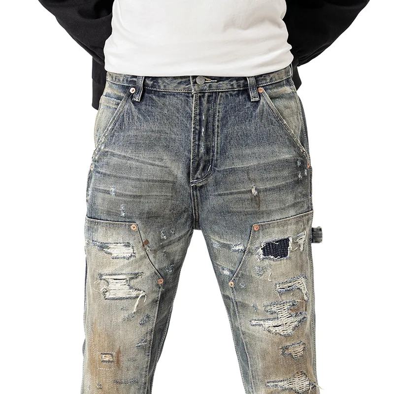 

Осень 2023, новые потертые джинсы с рваными дырками в стиле ретро, мужские свободные прямые брюки-трубы, модные уличные прямые брюки-трубы