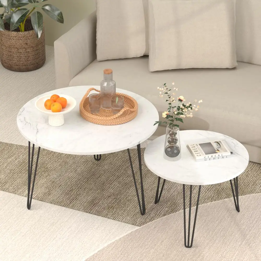 

White Round Nesting Coffee Table Set of 2 Marble Look Top Sturdy Metal Base Living Room Small Space Furniture