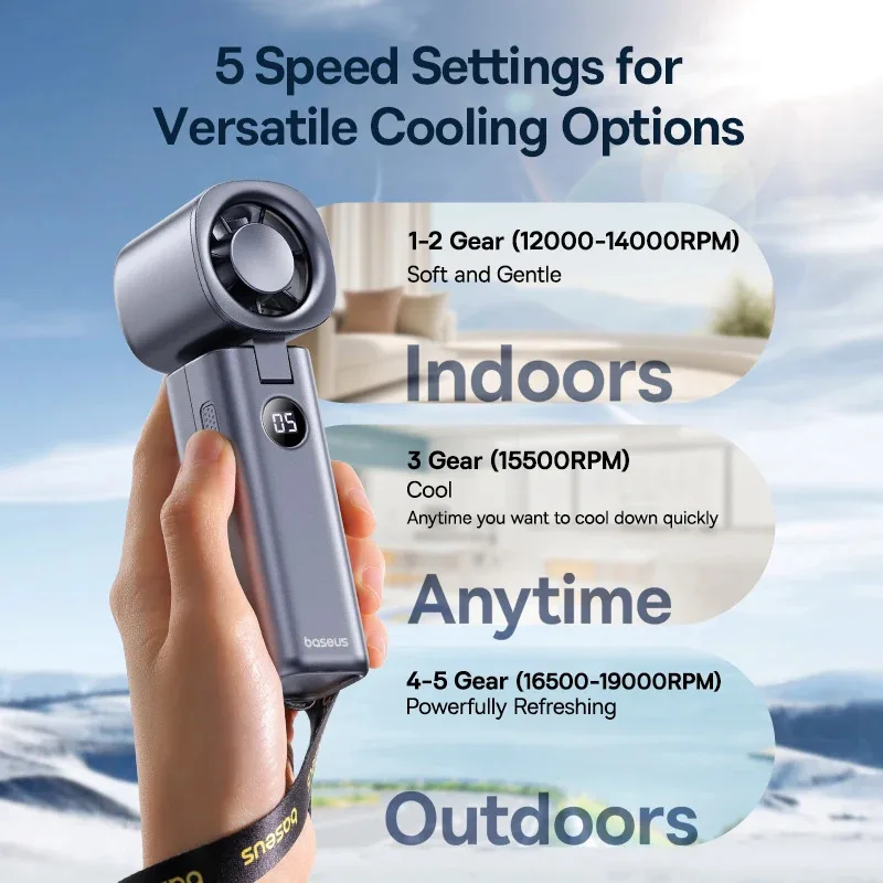 

Outdoor and Desktop Fan Baseus High-Speed Foldable Handheld Fan 5 Speed Mini Fan 4000mAh Rechargeable Fan with LED Display