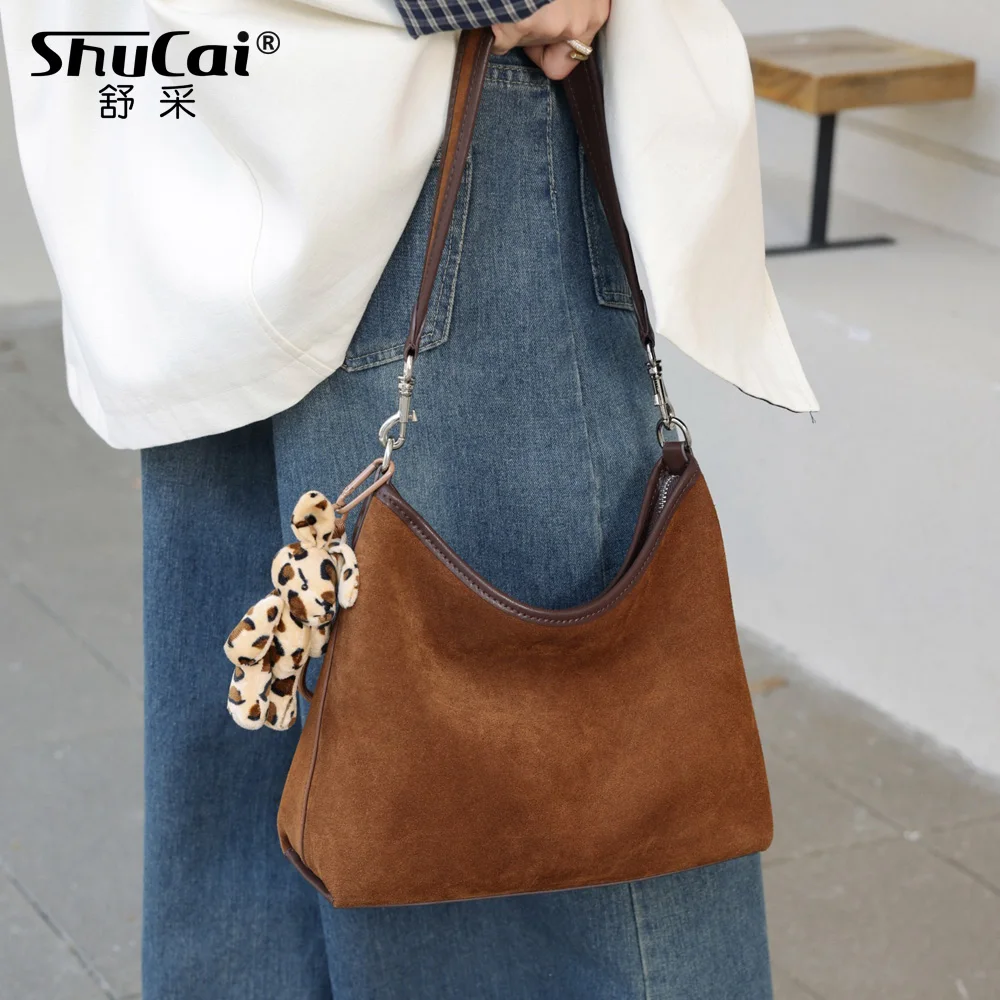 

Genuine Grade Suede Leather Women's Shoulder Crossbody Brown Bag Luxury Designer Brand Ladeis Coffe Handbag High Quality Big Bag