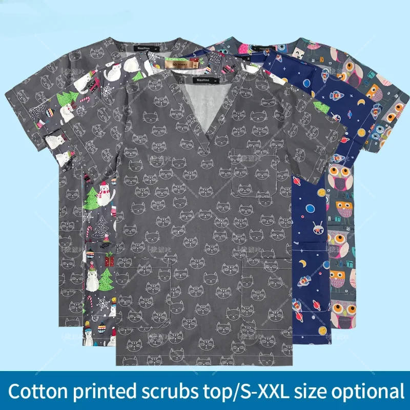 Cartoon Print Uniformes de trabalho para homens e mulheres, Scrubs, roupas de trabalho do salão de beleza, Pet Grooming Workwear Traje, Lab Tops