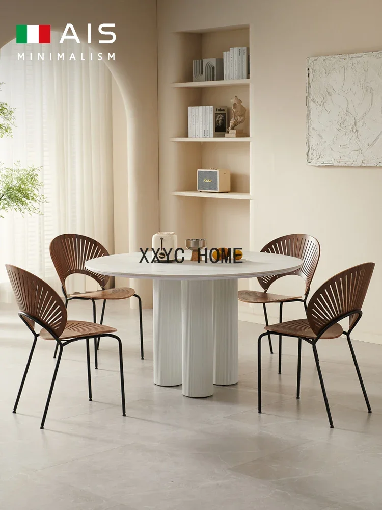 

Мебель, чистый белый круглый стол для маленькой квартиры, кремовый стиль, каменная тарелка, обеденный стол