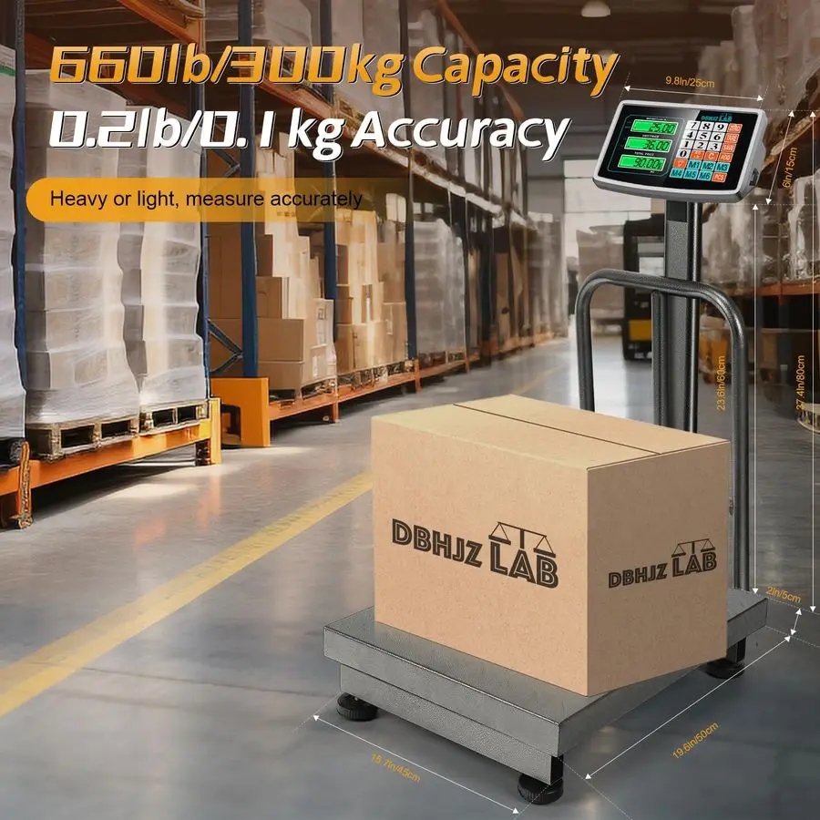 Digital Platform Scale 660LB Foldable Floor Scale DualSided LCD Display Postal Shipping Scale with KG LB Conversion, AC DC Power