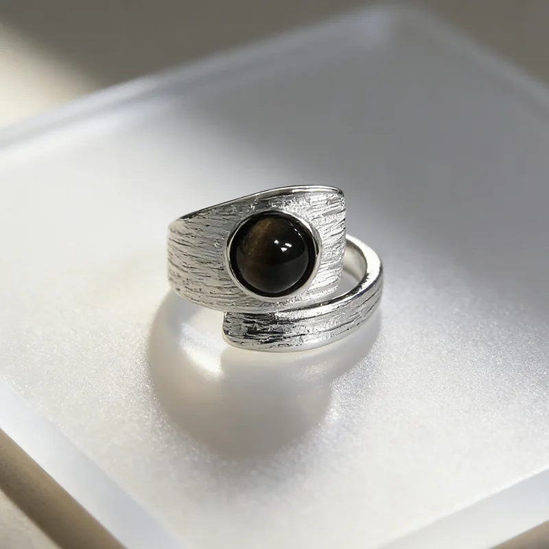 MOJOY Retro Amber Stone Inlay Silver-Plated Open Ring For Women Handmade Wire Drawing Process Jewelry Accessories Party Gifts