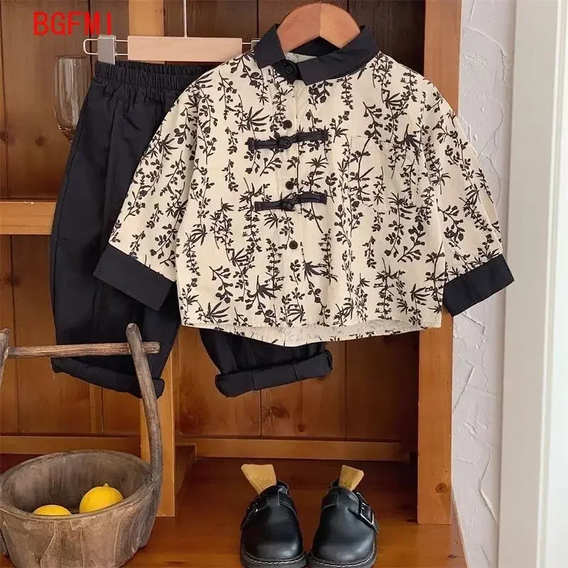 ילד ארוך שרוולים חליפת tang 2024 האביב בנות תינוק רופף חולצת הדפסה + מכנסיים ילד יפה 2 pcs סט תלבושות