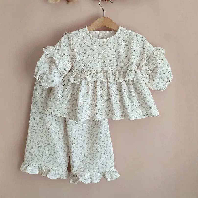 2026 Russian Girls' Cotton Floral Doll Shirt Top Lace Wide Leg Pants Children's French Two-piece Set