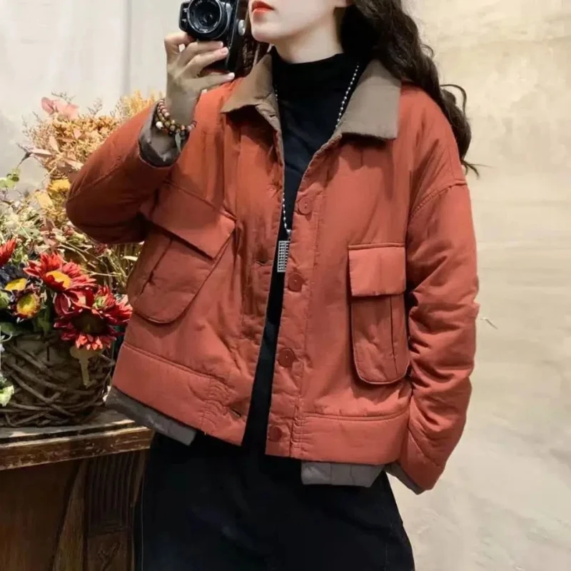 Original Korean Version of Personalized Contrasting Color Patchwork Workwear Thick Cotton Jacket with Loose Pockets Casual