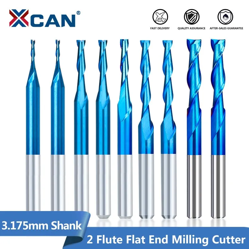 XCAN CNC Fräsen Cutter 10 stücke 3,175mm Schaft Blau Beschichtete Spirale Flache Schaftfräser Zwei Flöte CNC Cutter 1-3,175mm CNC Router Bits