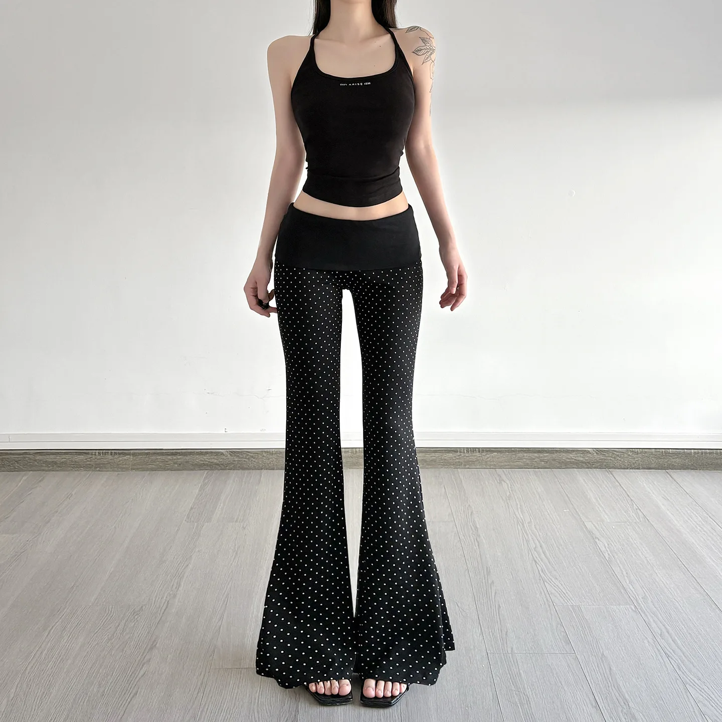 กางเกงขายาวทรงบานเอวต่ำ ลายจุด เนื้อผ้าถัก สไตล์ลำลอง แฟชั่นพรีเมียม ทรงเข้ารูป พิมพ์ลาย สำหรับผู้หญิง