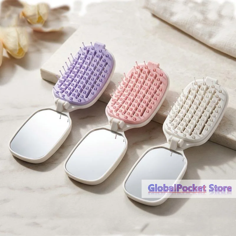 2 In 1 Travel Folding Hair Comb With Built-in Makeup Mirror One Key Hair Remover Air Cushion Detangling Scalp Massage Hairbrush