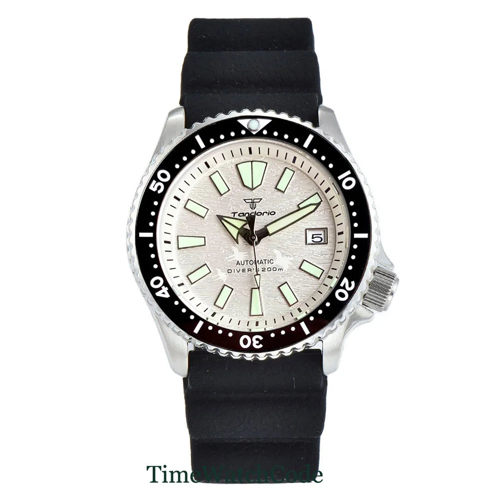 Tandorio Diving Automatic Watch for Men White Dial Auto Date NH35 Movement Sapphire Crystal 200m Waterproof 41mm