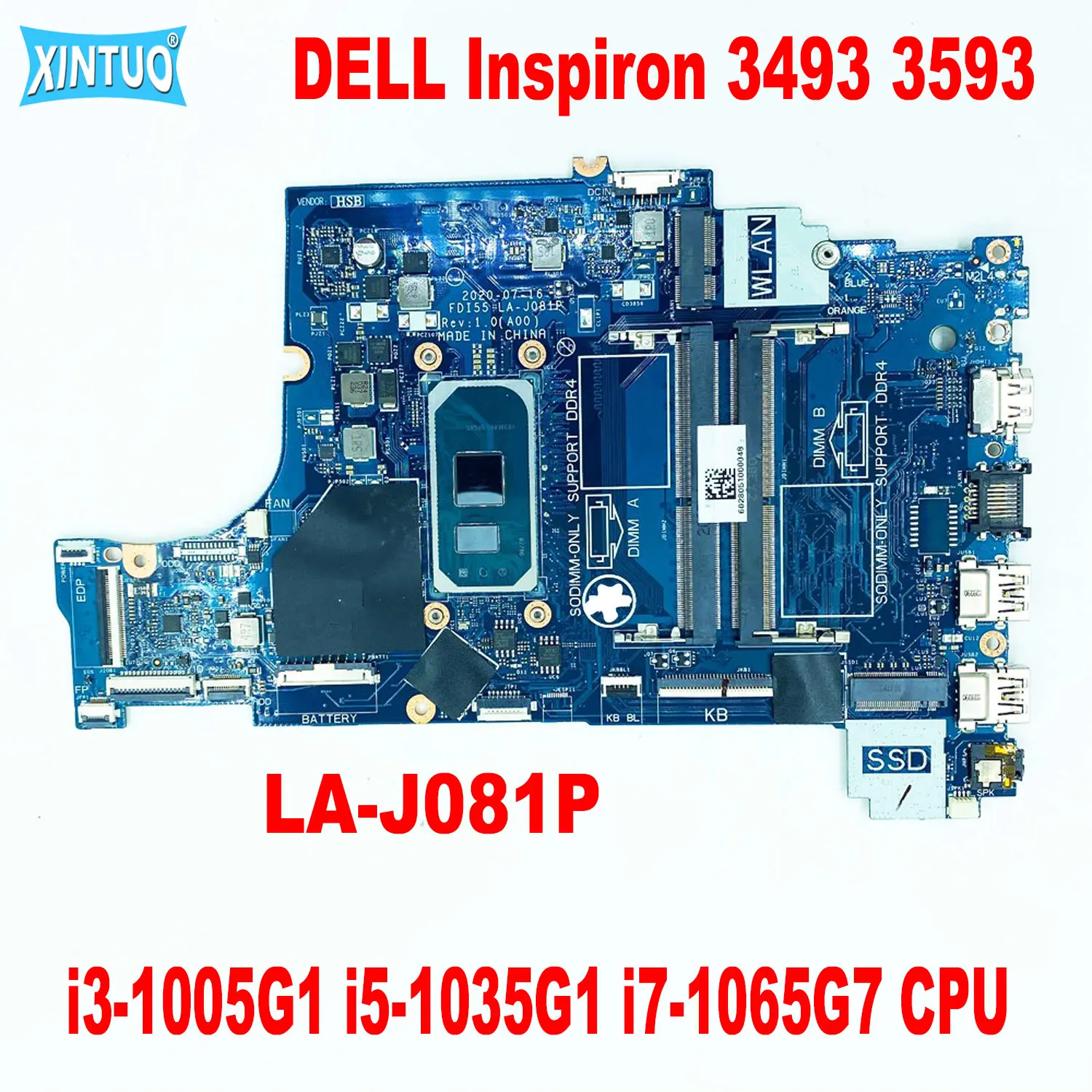 FDI55 motherboard LA-J081P untuk DELL Inspiron 3493 3593, motherboard laptop dengan i3-1005G1 i5-1035G1 i7-1065G7 CPU 100% diuji