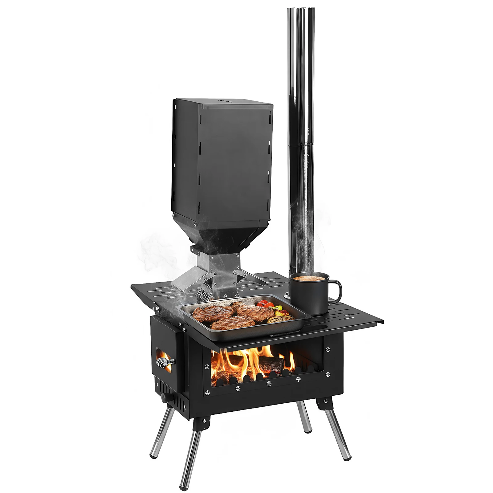

Firewood Stove with Stainless Steel Construction Wood Burning Tent Stove Chimney Pipes Included for Outdoor Cooking & Heating