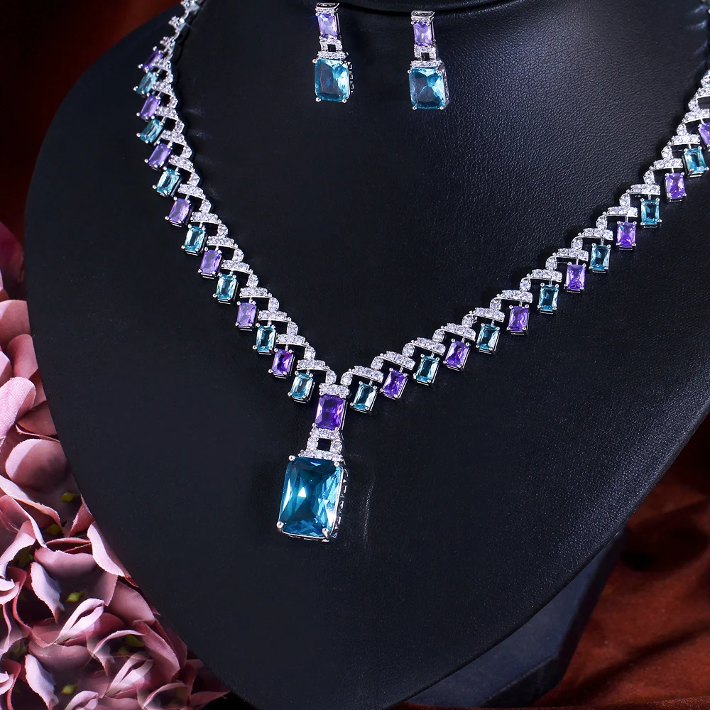 CWWZircons Beautiful Purple Blue Cubic Zircon Crystal Dangle Drop Bridal Wedding Necklace Party Jewelry Sets for Women T605