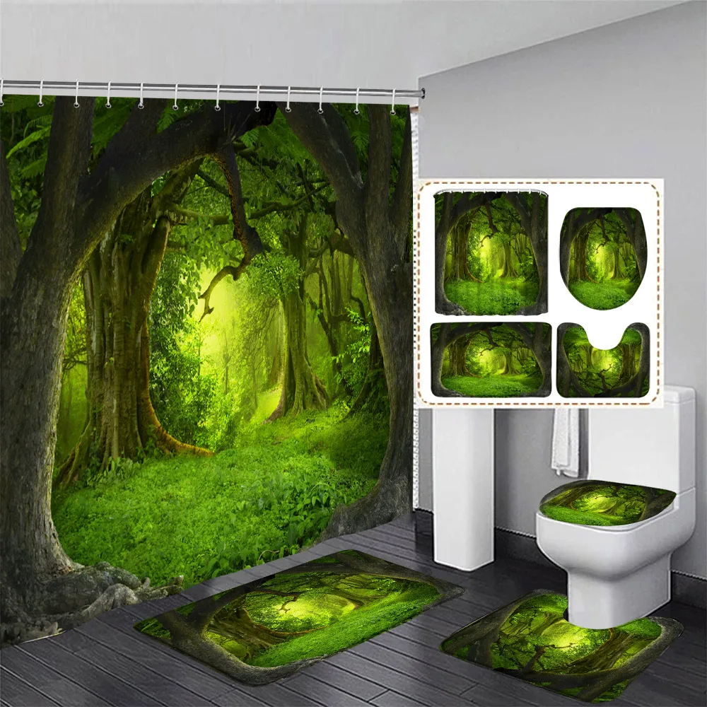 

Fantasy Mushroom Garden Shower Curtain and Rug Bathroom Set Gothic Fairy Forest Jungle Screen Bath Mat Toilet Lid Bathroom Decor
