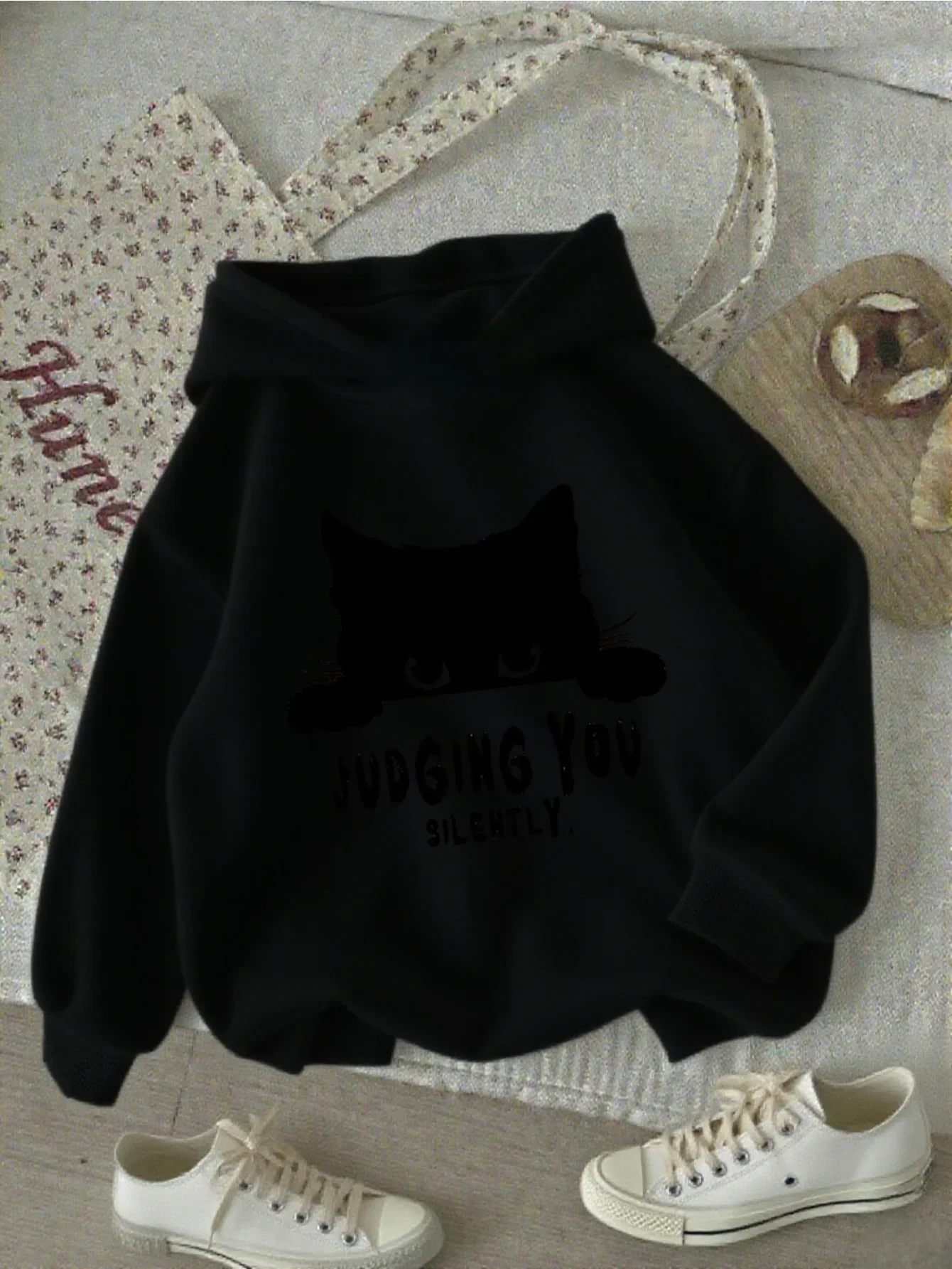 Peeking Black Cat Kids Hoodie Funny Judging You Silently Text Cat Lover Graphic Autumn Winter Fleece Soft Fashion Hoodie