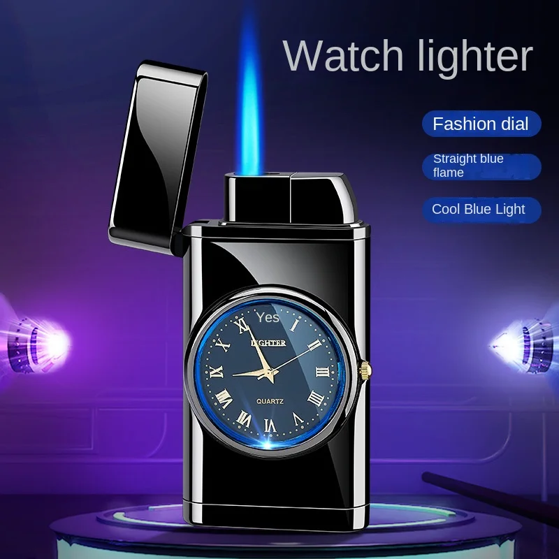 Cool Metal Watch Windproof Lighter Personalized LED Light Blue Flame Inflatable Lighter Holiday Gift Smoking Accessories Gadget