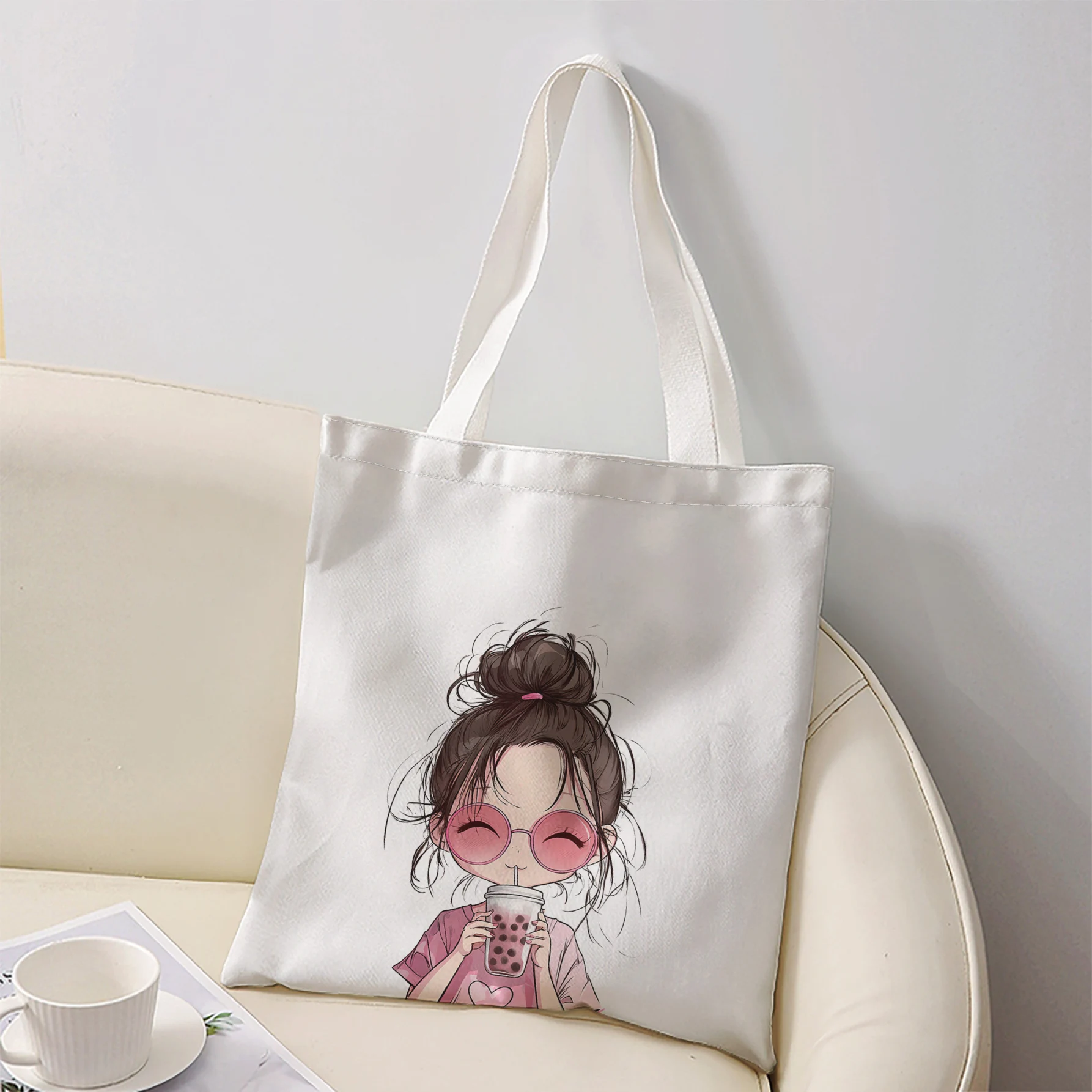 Cartoon Bun Hairstyle Girl With Pink Sunglasses Drinking Bubble Tea Print Tote Bag Large Shoulder Handbag For Shopping Daily Com