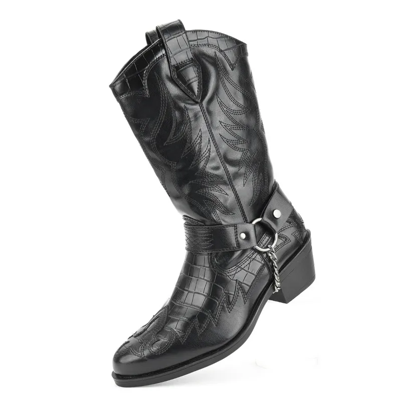 Men Western Cowboy Boots Designer Crocodile Pattern Mid-calf Boot Metal Buckle Chain Design Men Boots Trendy Street Knight Boots