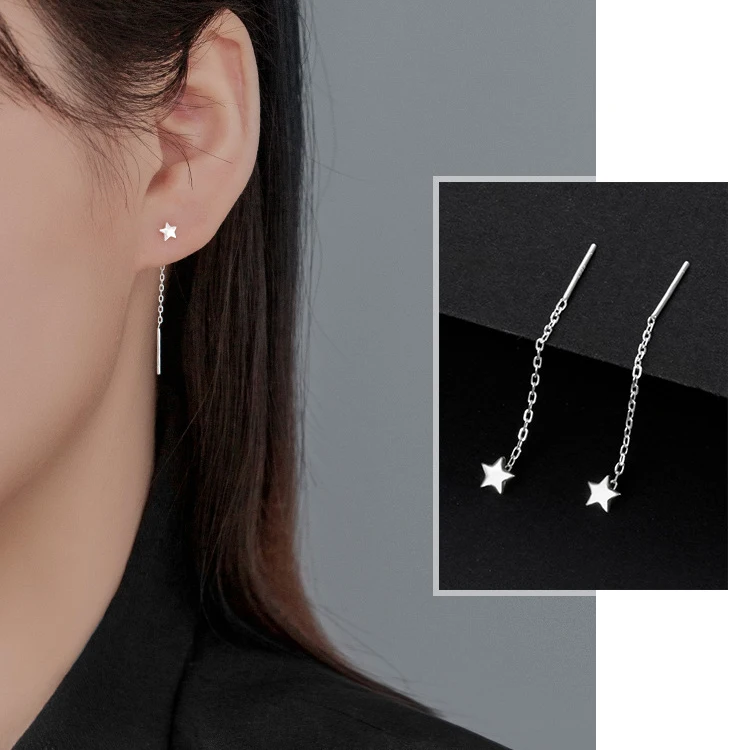 SOFTPIG Real 925 Sterling Silver Moon Star Heart Square Clover Chain Tassel Stud Earrings For Fashion Women Classic Fine Jewelry