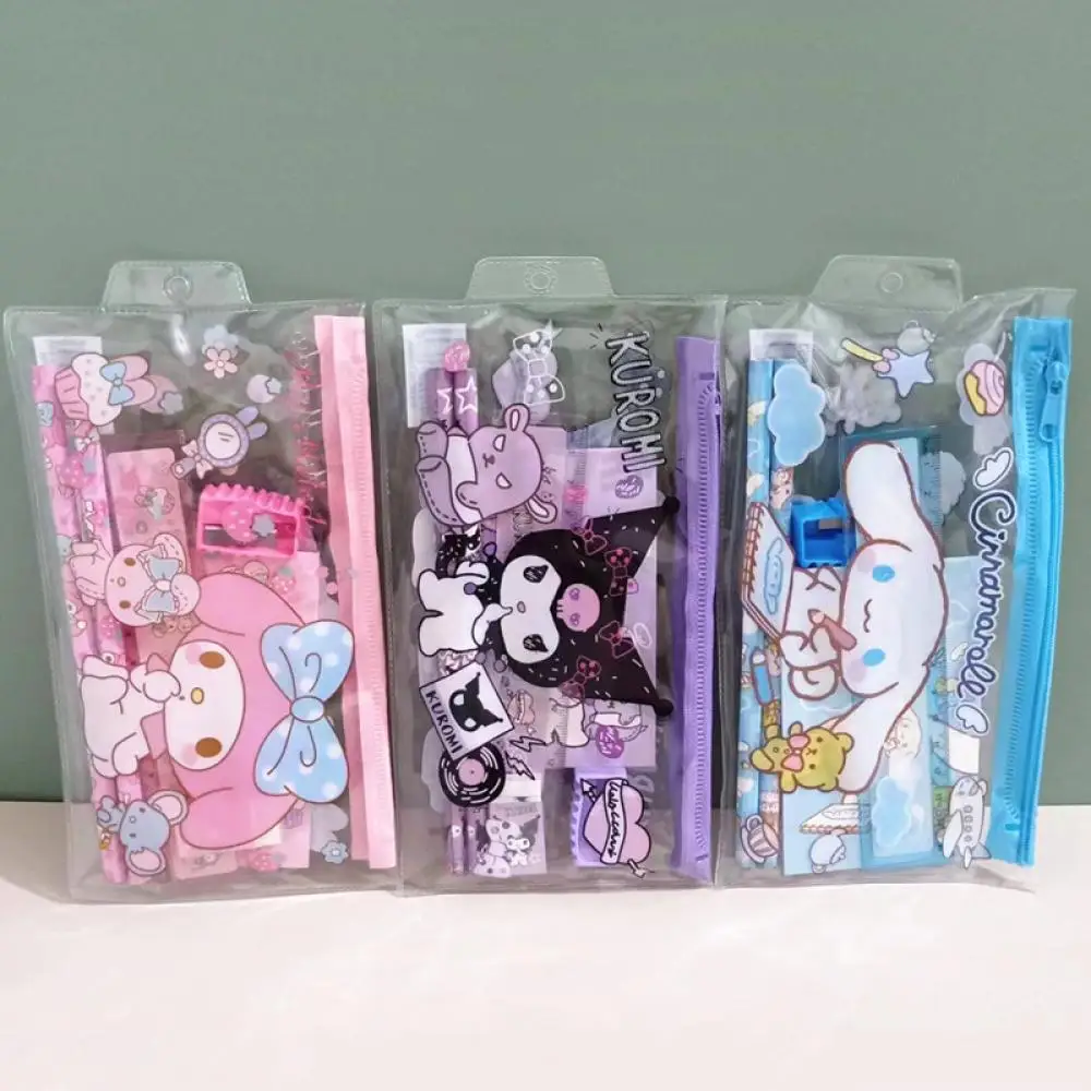 Juego de papelería de Anime Sanrio Melody Kuromi, Cinnamoroll, borrador de lápiz de dibujos animados, regla, bolsa de bolígrafo, juego de