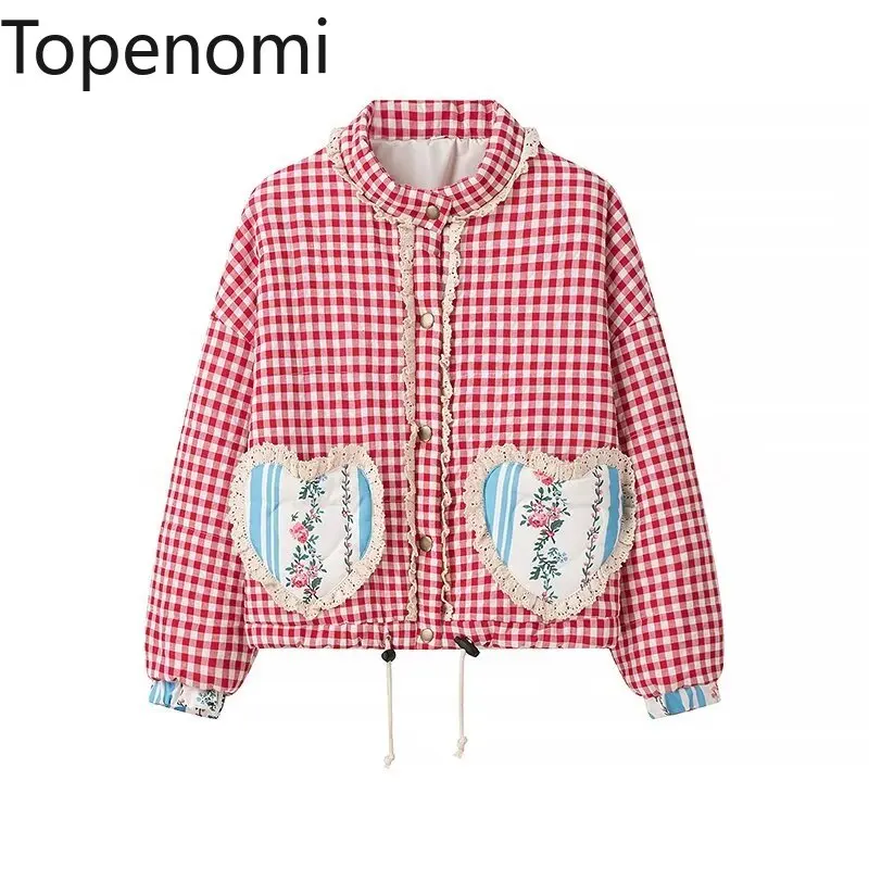 Topenomi Sweet Plaid Parkas Jacket Women Fashion Stand Collar Patchwork Lace Love Chic Quilted Coat Winter Warm Long Sleeve Tops