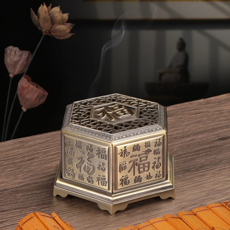 

Hexagonal FU Carved Incense Holder Portable Zen Home Plate Incense Burner With Cover Sandalwood Censer Metal Craft Home Decor